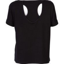 AQE FASHION Kadın Kısa Kollu Kayık Yaka Siyah Bluz