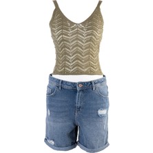 AQE FASHION Kadın Askılı Ajurlu Haki Triko Bluz