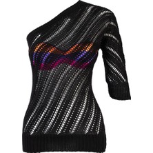 AQE FASHION Kadın Tek Omzu Açık Siyah Triko Bluz