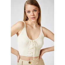 AQE FASHION Kadın Bej Önü Bağcıklı Bluz