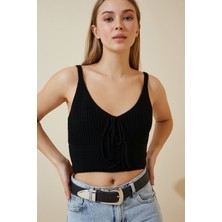 AQE FASHION Kadın Siyah Önü Bağcıklı Bluz