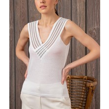 AQE FASHION Kadın Ekru Yakası Çizgili Kolsuz Bluz