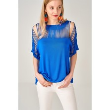 AQE FASHION Kadın Lazer Kesim Saks Mavisi Bluz