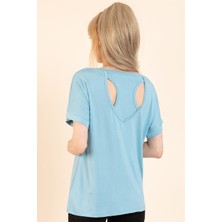 AQE FASHION Kadın Bebe Mavisi Sırt Detaylı Kayık Yaka Kısa Kollu Bluz