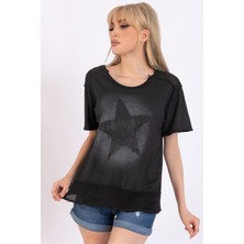AQE FASHION Kadın Siyah Yıldız Baskılı Geniş Yaka File Detaylı Bluz