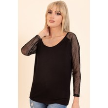 AQE FASHION Kadın Siyah Kayık Yaka Kolu Tüllü Bluz