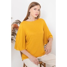 AQE FASHION Kadın Hardal Kolu Volanlı Kayık Yaka Bluz