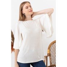 AQE FASHION Kadın Beyaz Kolu Volanlı Kayık Yaka Bluz