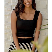 AQE FASHION Kadın Kare Yaka Siyah Crop Bluz