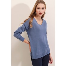 AQE FASHION Kadın Indigo V Yaka Mevsimlik Kazak