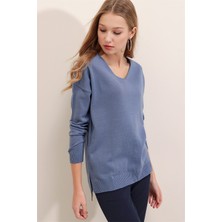 AQE FASHION Kadın Indigo V Yaka Mevsimlik Kazak
