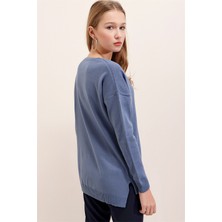 AQE FASHION Kadın Indigo V Yaka Mevsimlik Kazak
