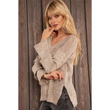 AQE FASHION Kadın Bej Yandan Yırtmaçlı Triko Kazak