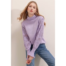 AQE FASHION Kadın Lila Yarım Balıkçı Kolu Dantel Detaylı Kazak