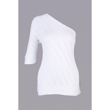 AQE FASHION Kadın Tek Omzu Açık Beyaz Triko Bluz