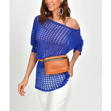 AQE FASHION Kadın File Triko Saks Mavisi Bluz