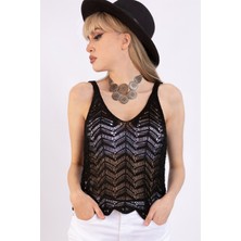 AQE FASHION Kadın Siyah Ajurlu Askılı Triko Bluz