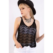 AQE FASHION Kadın Siyah Ajurlu Askılı Triko Bluz