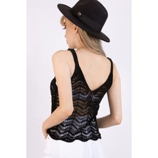AQE FASHION Kadın Siyah Ajurlu Askılı Triko Bluz