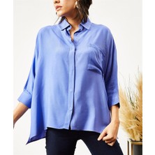 AQE FASHION Kadın Mavi Düğmeli Cepli Salaş Gömlek