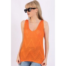 AQE FASHION Zigzag Desenli V Yaka Turuncu Bluz