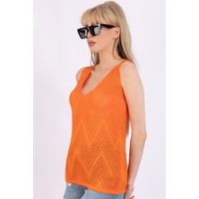 AQE FASHION Zigzag Desenli V Yaka Turuncu Bluz