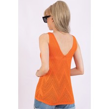 AQE FASHION Zigzag Desenli V Yaka Turuncu Bluz