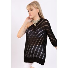 AQE FASHION Kadın Siyah Tek Omzu Açık Triko Bluz