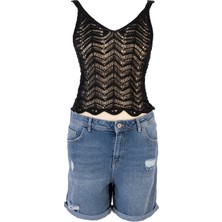 AQE FASHION Kadın Askılı Ajurlu Siyah Triko Bluz