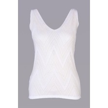 AQE FASHION Kadın Kolsuz V Yaka Beyaz Triko Bluz