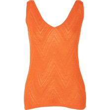 AQE FASHION Kadın Kolsuz V Yaka Turuncu Triko Bluz