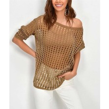 AQE FASHION Kadın File Triko Kahverengi Bluz