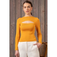 AQE FASHION Kadın Degajeli Uzun Kollu Hardal Bluz