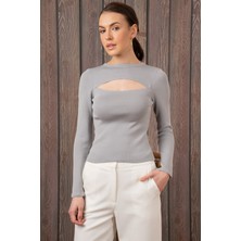 AQE FASHION Kadın Degajeli Uzun Kollu Gri Bluz