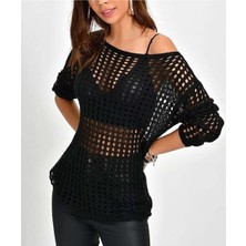 AQE FASHION Kadın File Triko Siyah Bluz