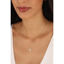 Lia Berto Altın Kaplama Zirkon Taşlı Haç Model 925 Ayar Gümüş Kolye