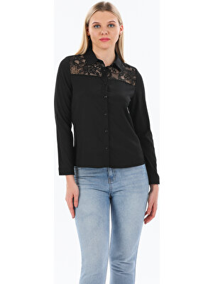 New Laviva Siyah Dantelli Uzun Kollu Kadın Gömlek