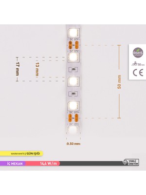 Ack Üç Çip 60 Ledli Şerit LED 3000K Gün Işığı 15LM 12V 14,4W 5 Metre