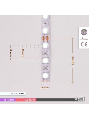 Ack Üç Çip 60 Ledli Şerit LED 6500K Beyaz Işık 15LM 12V 14,4W 5 Metre