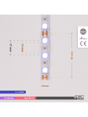 Ack Üç Çip 60 Ledli Şerit LED Mavi 12LM 12V 14,4W 5 Metre