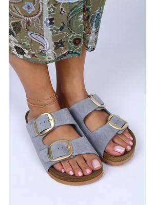 Manijero Irene Deri Çift Tokalı Gri Terlik