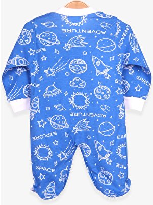 Erkek Bebek Tulum Uzay Desenli Şapkalı Set Saks Mavisi (0-3 Ay-6 Ay)