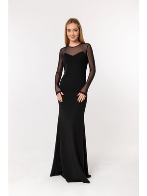Laranor Siyah Dudak Yaka Tül Detay Abiye Balık Elbise