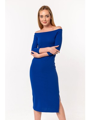 Laranor Bordo Sax  Madonna Yaka Yırtmaç Detay Scuba Krep Elbise