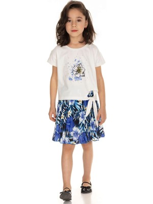 Riccotarz Kız Çocuk Çiçek Baskılı Pul Boncuk Işlemeli Mavi Etekli Takım