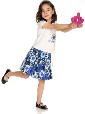 Riccotarz Kız Çocuk Çiçek Baskılı Pul Boncuk Işlemeli Mavi Etekli Takım