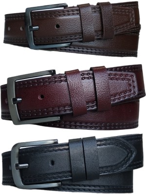 Kar-Pa %100 Deri 3'lü Set Dikiş Desenli Kot Pantolon Kemeri 4.5cm: Siyah-Kahverengi-Bordo