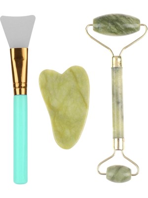 Buffer Buffer® Çift Taraflı Jade Roller Yeşim Taşı Seti + 2li Silikon Maske Sürme Fırçası Cilt Bakım Seti