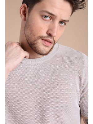 Ferraro A.bej/nescafe Kuşgözü Desenli Bisiklet Yaka Erkek Triko T-Shirt