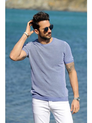 Ferraro Saks/beyaz Kuşgözü Desenli Bisiklet Yaka Erkek Triko T-Shirt